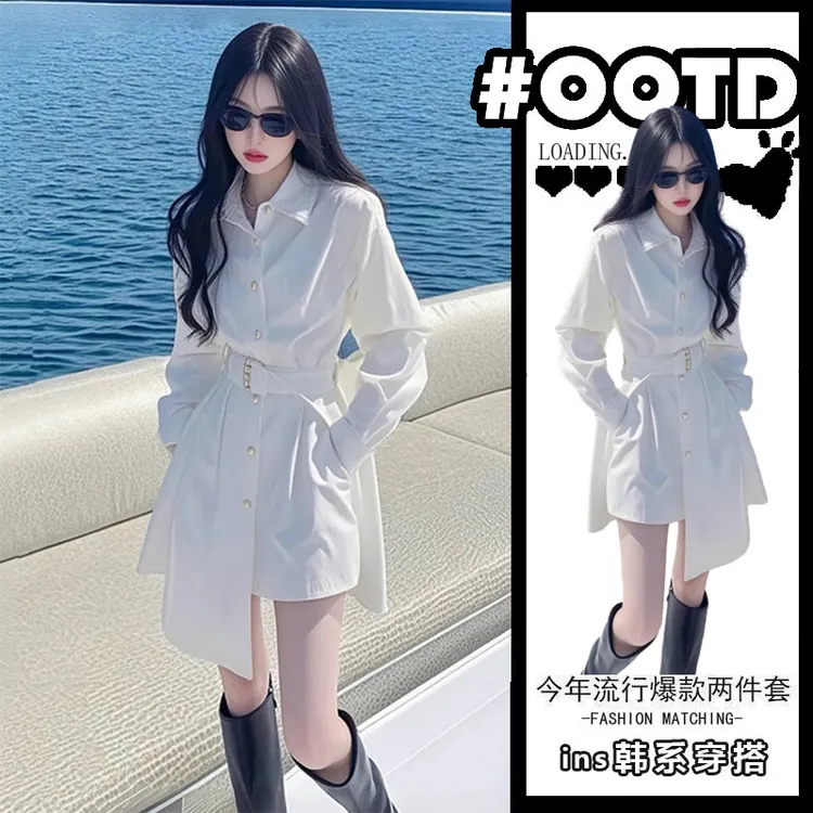 气质轻奢翻领衬衫连衣裙女2025春季新款收腰显瘦不规则短裙高级感