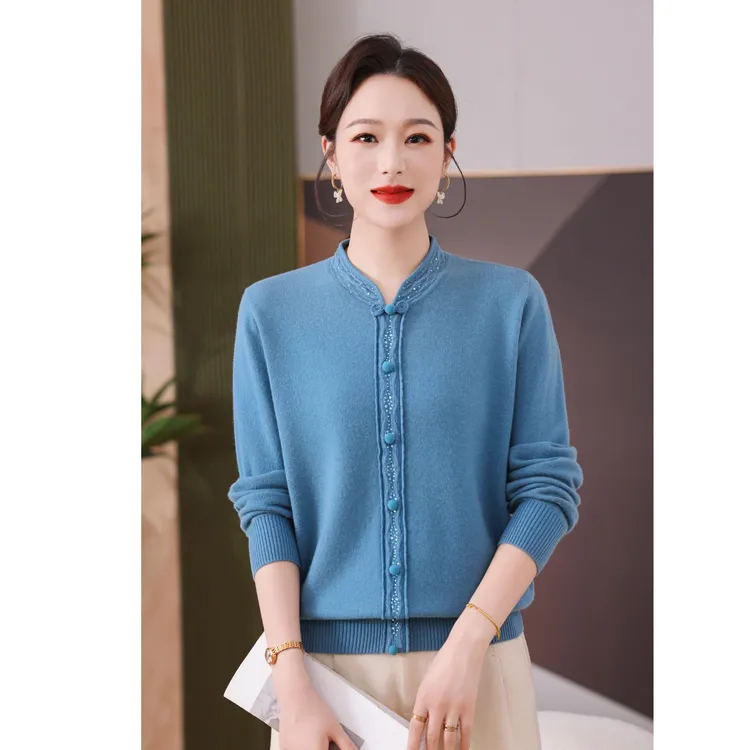 诺妈100%绵羊毛中老年女装旗袍领针法打底衫冬装羊毛衫上衣女