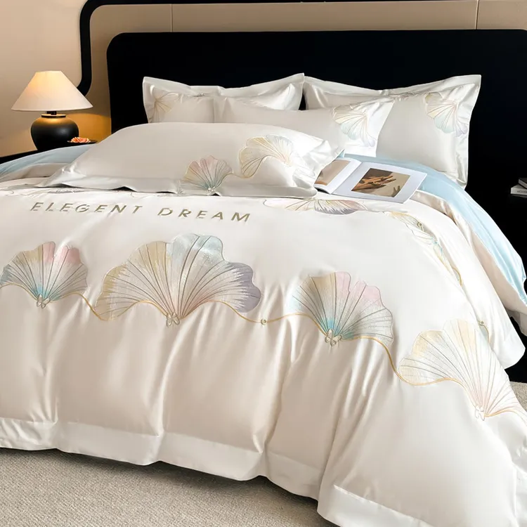 富安娜A类长绒棉四件套纯水洗棉花卉刺绣亲肤裸睡母婴级床上用品