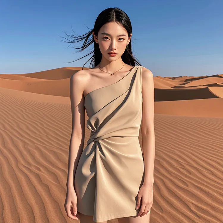 设计感气质斜肩收腰连衣裙女2025新款时尚百搭修身显瘦短裙4437