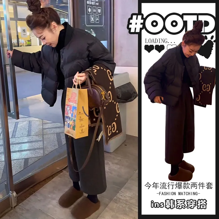 洋气炸街套装女2025冬季新款时尚保暖宽松棉服外套灰色裤子两件套