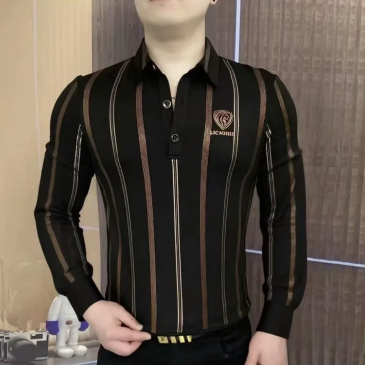 欧版长袖polo衫男秋季新款休闲翻领条纹T恤帅气弹力大码长袖上衣