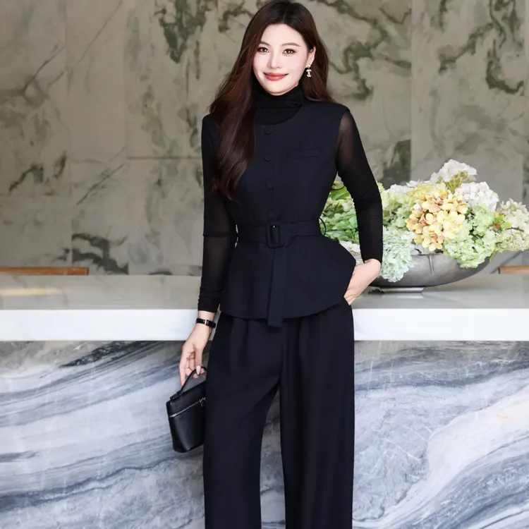 通勤气质纯色马甲+阔腿裤时尚套装