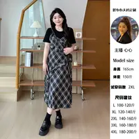 现货-心心【艺术姐姐】复古格子假两件拼接收腰显瘦大码连衣裙