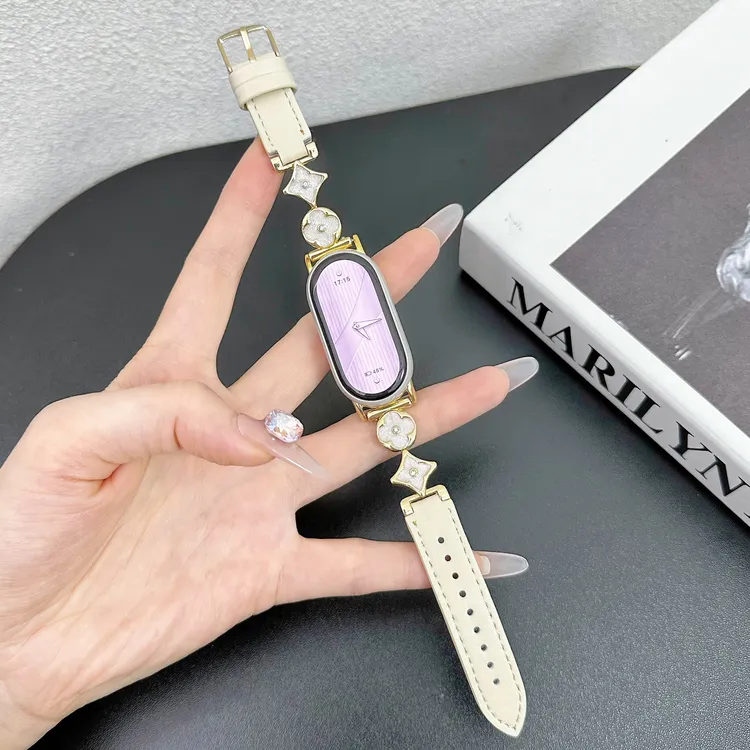 裴蔻 适用小米手环10表带四叶草鎏金拼接真皮质女腕带987nfc通用