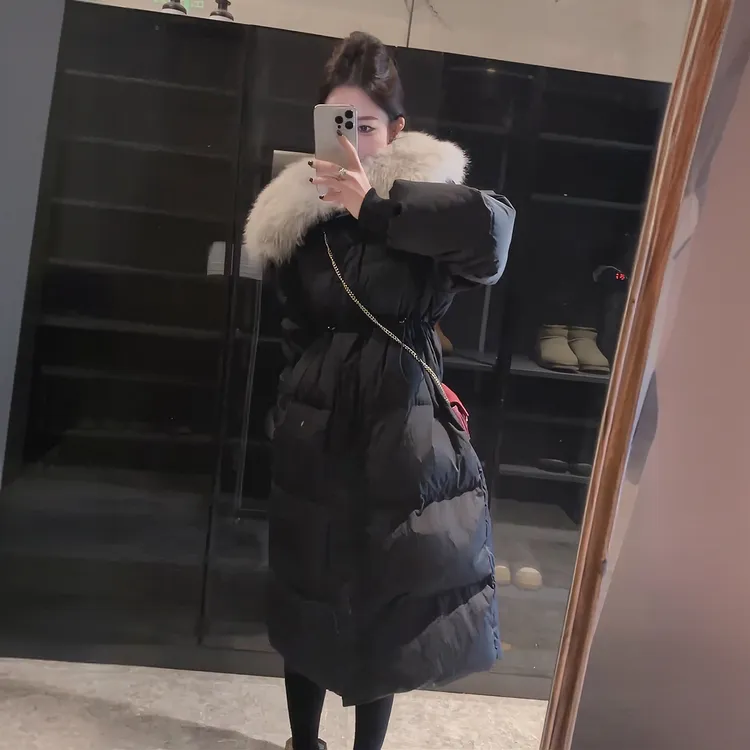 大毛领中长款收腰棉服女2025年新款宽松棉衣冬季加厚过膝棉袄外套