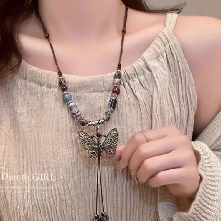 钛钢陶瓷吊坠 新中式民族风蝴蝶项链小众古风长款编织配饰项链