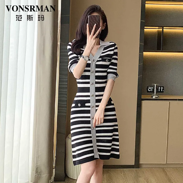 小香风针织连衣裙夏季2025新款法式复古气质时尚V领条纹冰丝A字裙