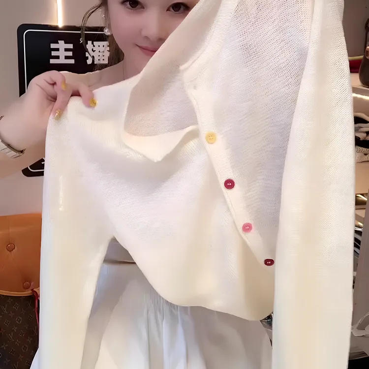 韩系设计感彩色单排扣薄款针织衫女2025夏季新款宽松独特好看上衣