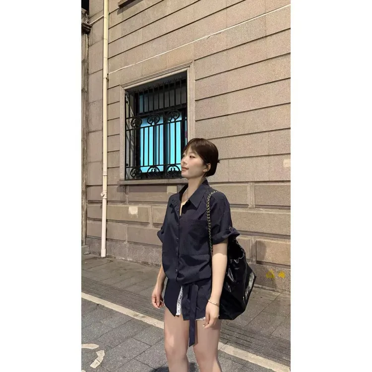 BOLUOBAO 自留款！竖条纹小众设计调性慵懒感长款衬衫