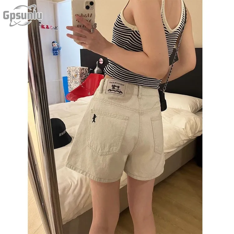 gpsunlu韩版牛仔短裤女夏季新款阔腿裤宽松显瘦高腰浅色字短裤