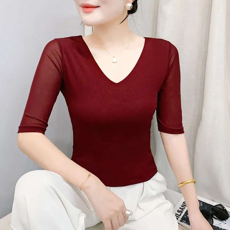 纯色中袖V领T恤女修身时尚夏季法式显瘦气质上衣时髦显白洋气小衫