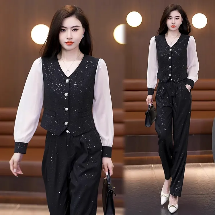 时尚套装女秋季新款气质减龄显瘦假两件拼接V领上衣阔腿裤两件套