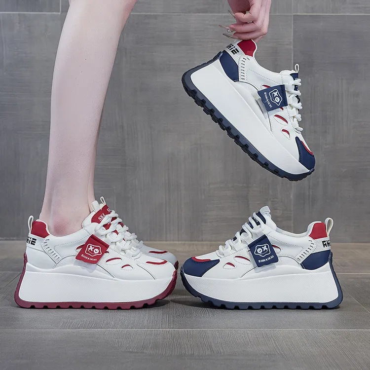 2025春季新款真皮休闲内增高厚底老爹鞋系带拼色学生鞋小单鞋女鞋