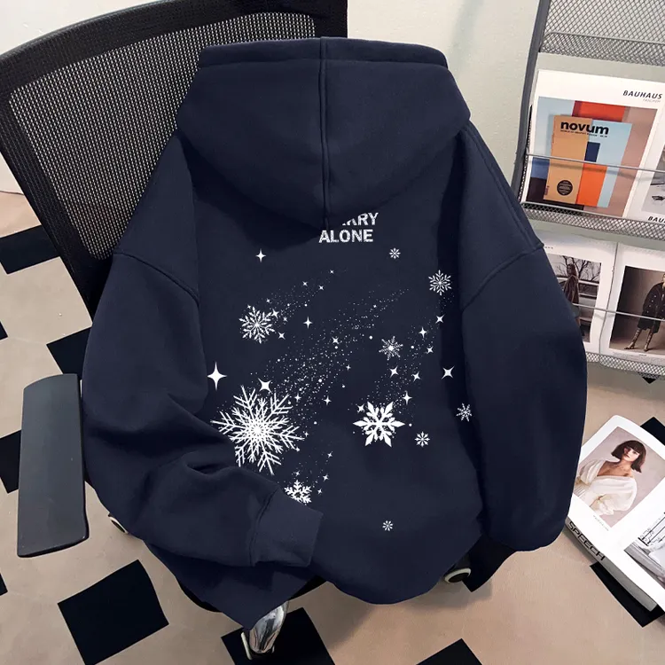 Dekkry潮流创意雪花印花秋冬连帽卫衣加绒男女百搭情侣装加绒上衣