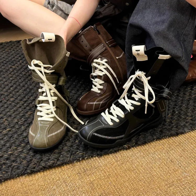 复古3cm内增高拳击靴女2025新款英伦风马丁靴厚底德训靴中筒短靴