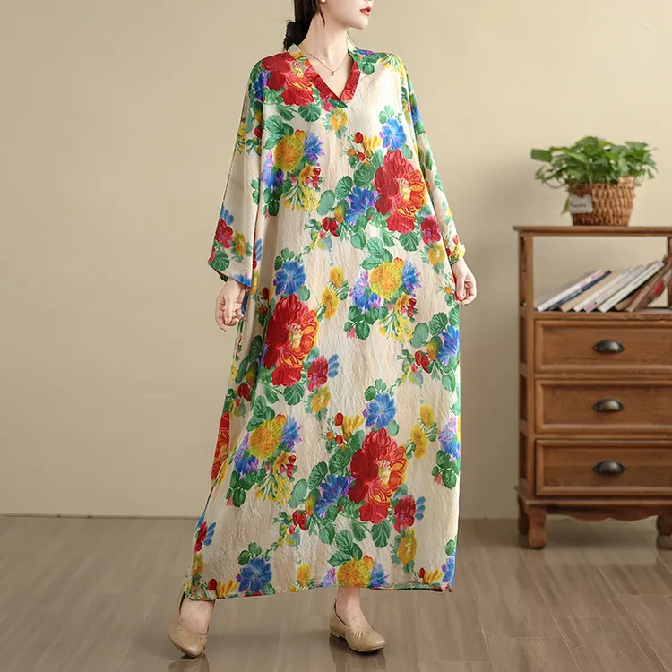 2025早秋新款减龄洋气遮肉V领棉麻长裙女大码宽松碎花印花连衣裙
