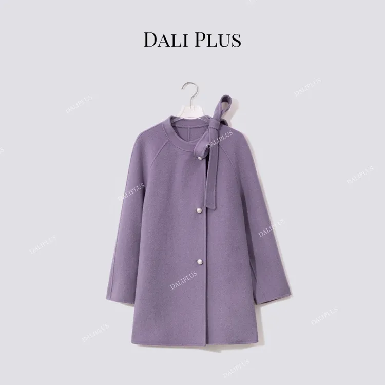 DALI PLUS“蝴蝶结紫”100绵羊毛单排扣双面呢大衣-D5MM2512-1