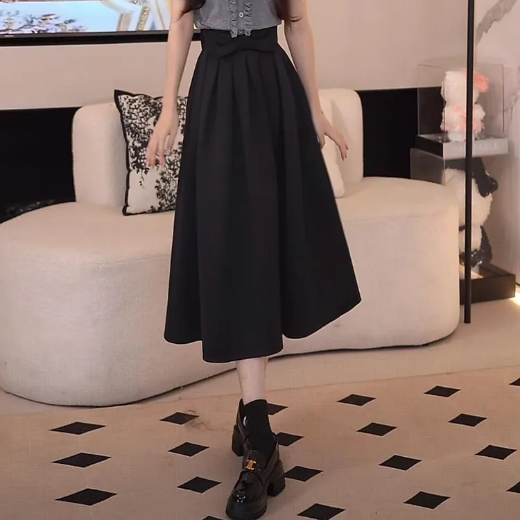 法式赫本风蝴蝶结百褶半身裙女2026春秋新款通勤百搭中长A字裙子