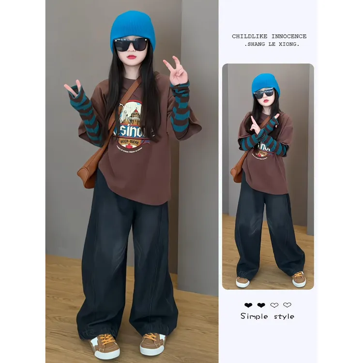 美拉德穿搭一整套高级感女童超好看韩系秋装套装假两件牛仔裤子潮