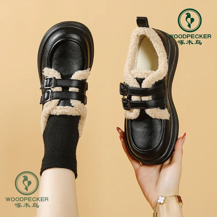啄木鸟/雪地靴女2025新款冬季厚底加绒乐福鞋毛毛小皮鞋英伦风