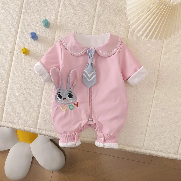 婴儿衣服秋季双层连体衣男女宝宝卡通可爱海军领哈衣洋气外出爬服