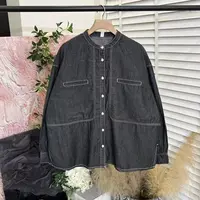 秋款水洗棉「品质宽松圆领」单排扣牛仔衬衫女E6229