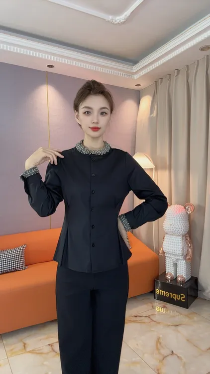 拼接钉珠修身型长袖常规秋季衬衫小衫外套显瘦休闲X6053