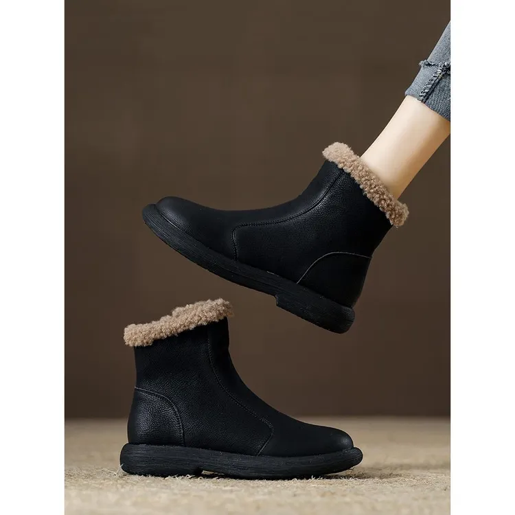 【JTG&SHOES 官方】冬季新款加绒加厚短靴女鞋牛皮保暖雪地靴不冻脚