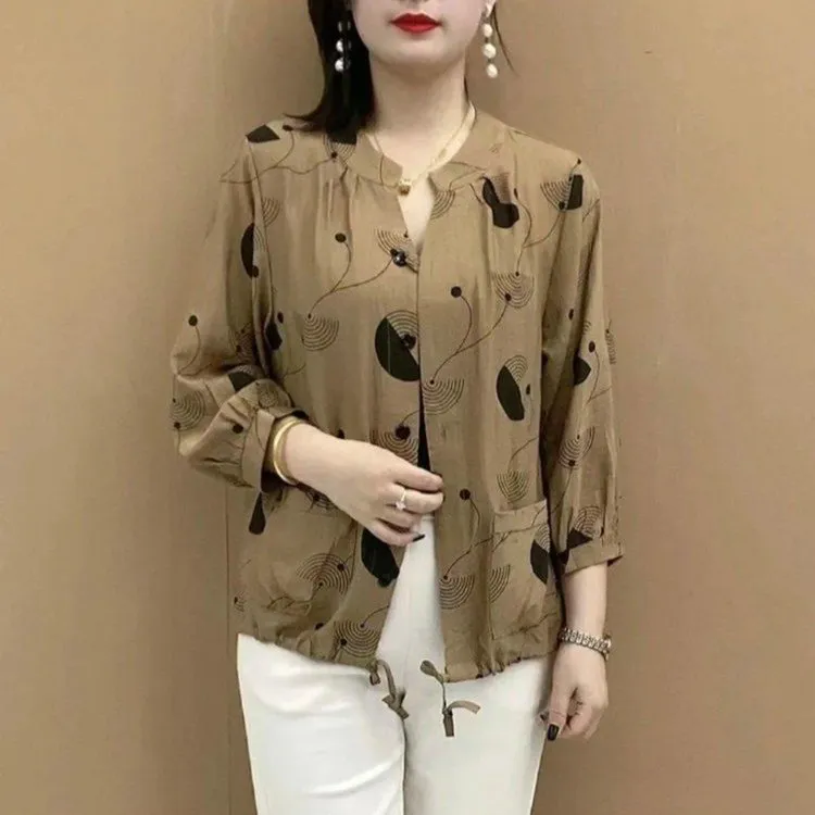 2025春秋季洋气纯色印花妈妈装衬衫女中年女宽松遮肚开衫上衣时尚