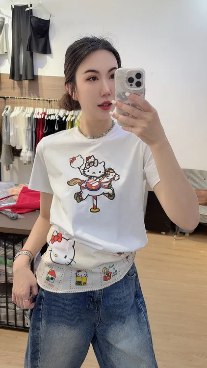 夏季韩版减龄凯蒂刺绣时尚休闲复古丝巾宽松短袖白色T恤圆领半袖