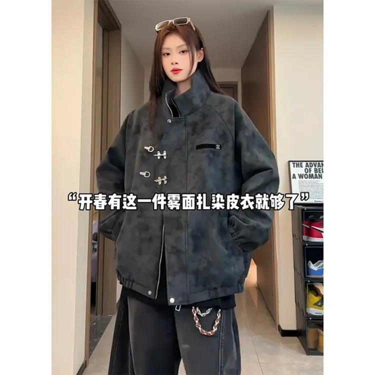 黑色雾面扎染皮衣男女秋季新款美式立领工装夹克飞复古美式棒球领