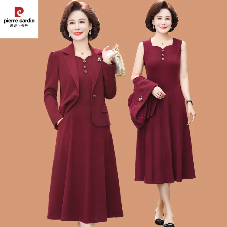 皮尔卡丹2025新款妈妈洋装女春秋结婚礼服套装高端喜婆婆婚宴装平