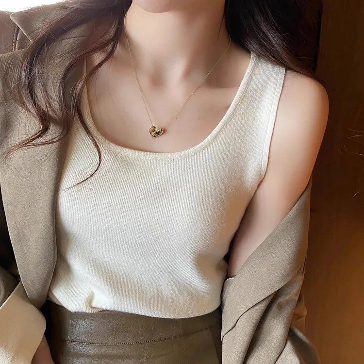 杏白色针织工字背心女士内搭2025春季新款无袖吊带打底外穿小上衣