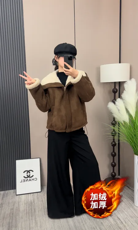 【送运费险+现货皮毛一体外套女新款短外套加厚保暖时尚百搭洋气35