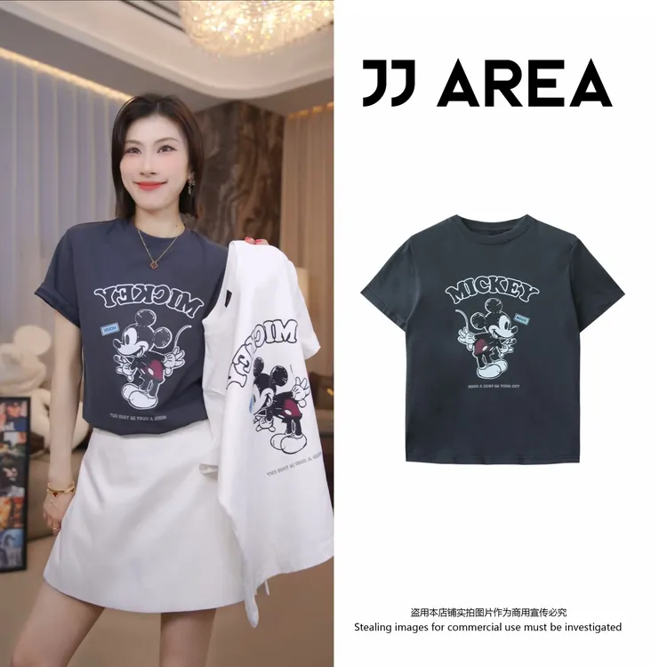 【JJ AREA】娇娇“曼黎同款”设计款联名米奇卡通印花短袖t恤纯棉上衣