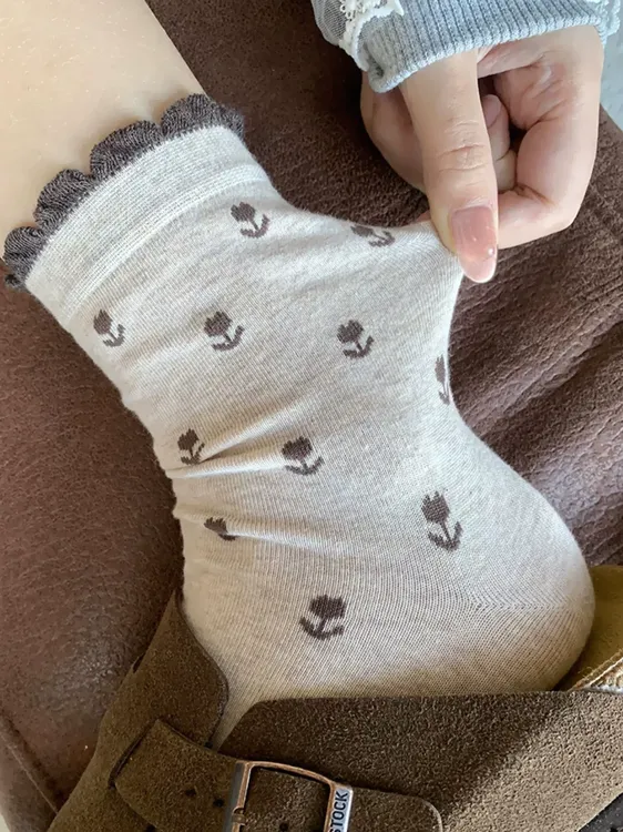 花边袜子女纯棉中筒袜春秋季ins潮透气无骨袜长袜秋冬堆堆袜女士