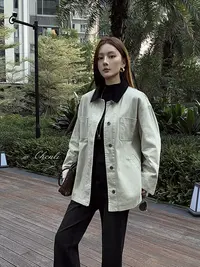 XIANJIE纯色宽松型女POLO领长袖翻领风衣常规秋季常规款9905