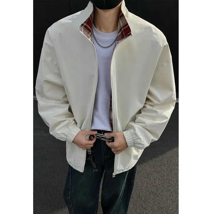 美式复古格子立领工装外套男春秋cleanfit潮牌高级感痞帅情侣夹克