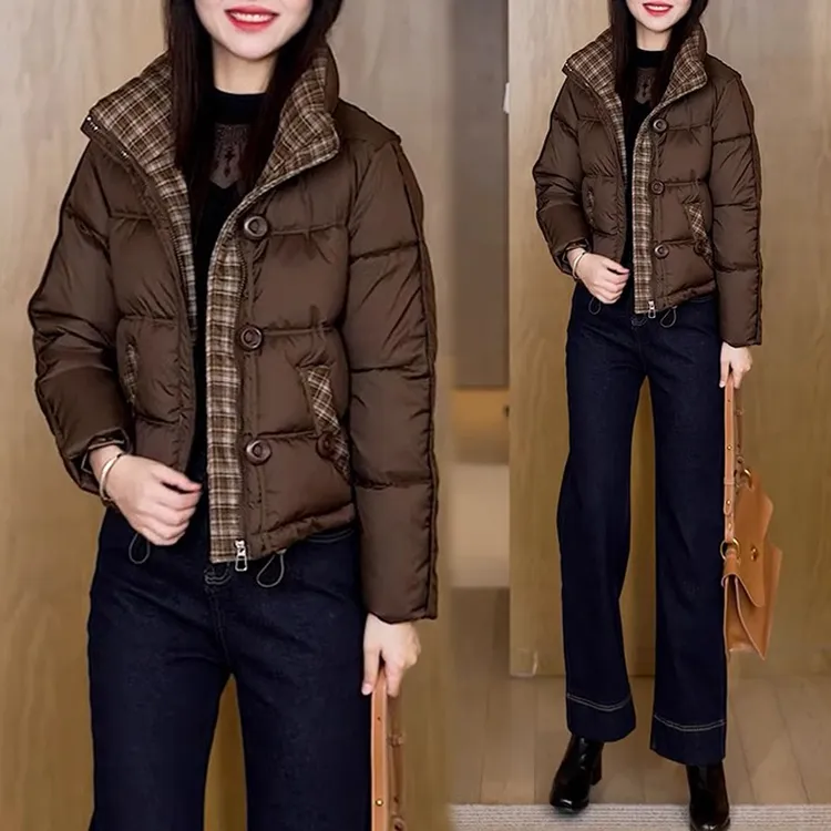时尚短款格子拼接棉服女2025冬季新款休闲加厚小个子棉衣外套