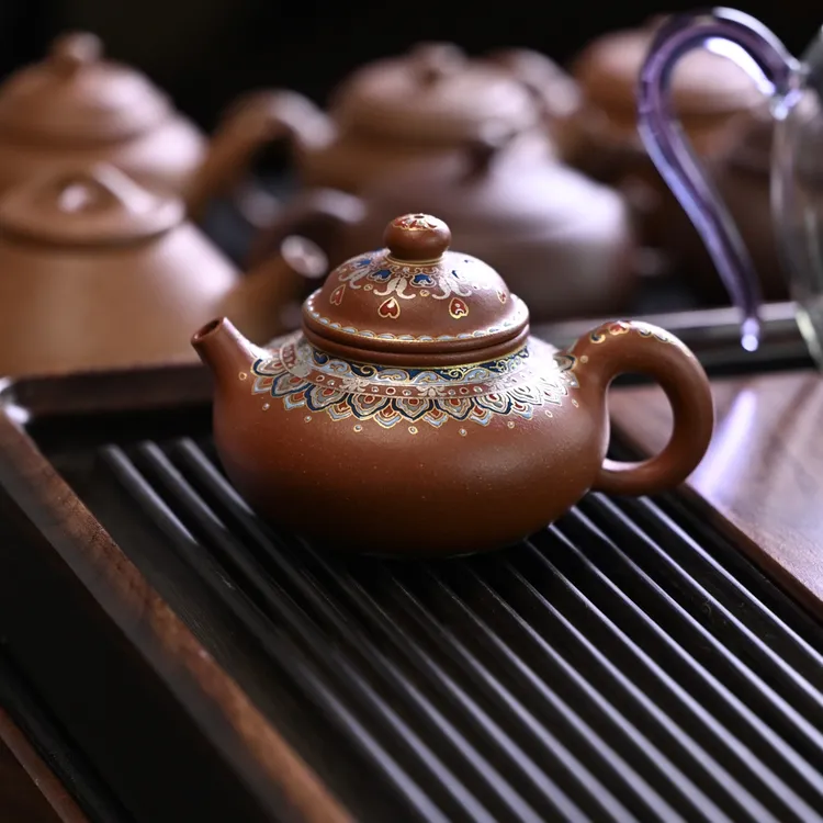 容天｜珐琅彩 全手工紫砂壶 黄龙山原矿老红降坡 专业画师点彩