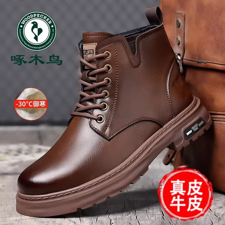 啄木鸟马丁靴男款冬季加绒高帮棉鞋男士真皮英伦潮流工装雪地靴子