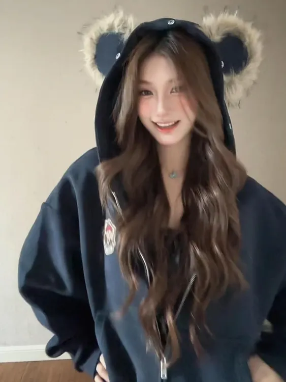 伶落旧人可爱小熊耳朵毛领开衫外套女2025秋冬新款设计感拉链外套