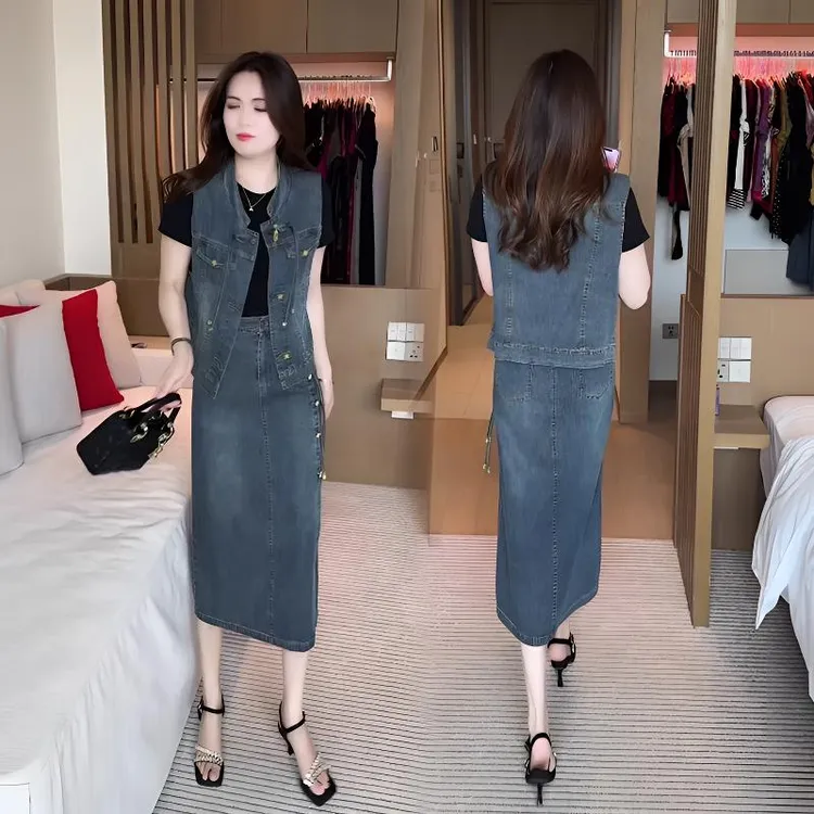 新款时尚套装裙2025时尚洋气质女装减龄两件套装牛仔裙子