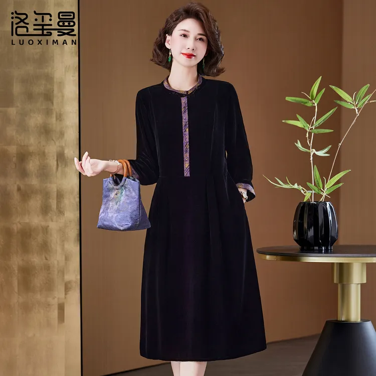 洛玺曼品牌真丝绒连衣裙中年气质女装高级感春季妈妈桑蚕丝中长裙
