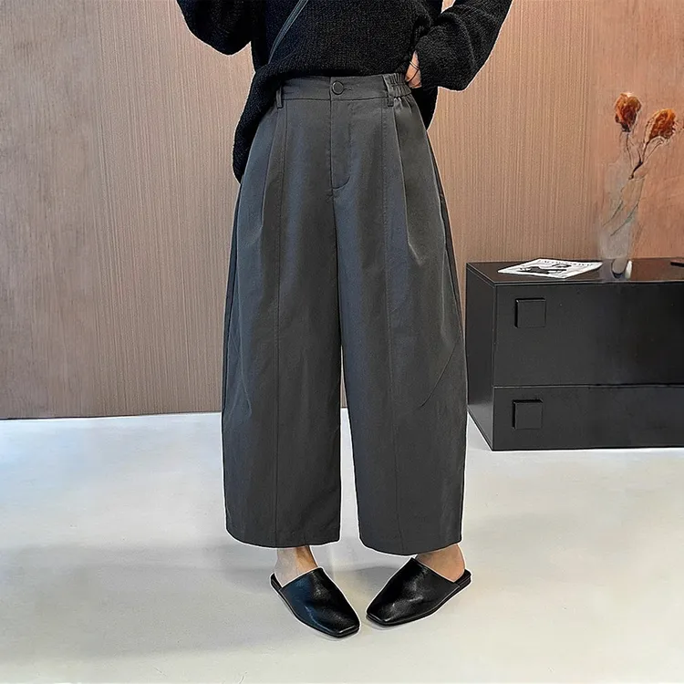 高级欧韩气球裤女高腰后松紧拉链一粒扣九分休闲阔腿哈伦裤阔腿裤