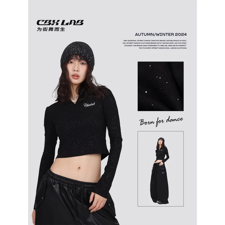 【达人专属】CBXLAB街舞潮牌辣妹细闪修身爵士长袖V领美式上衣亲肤