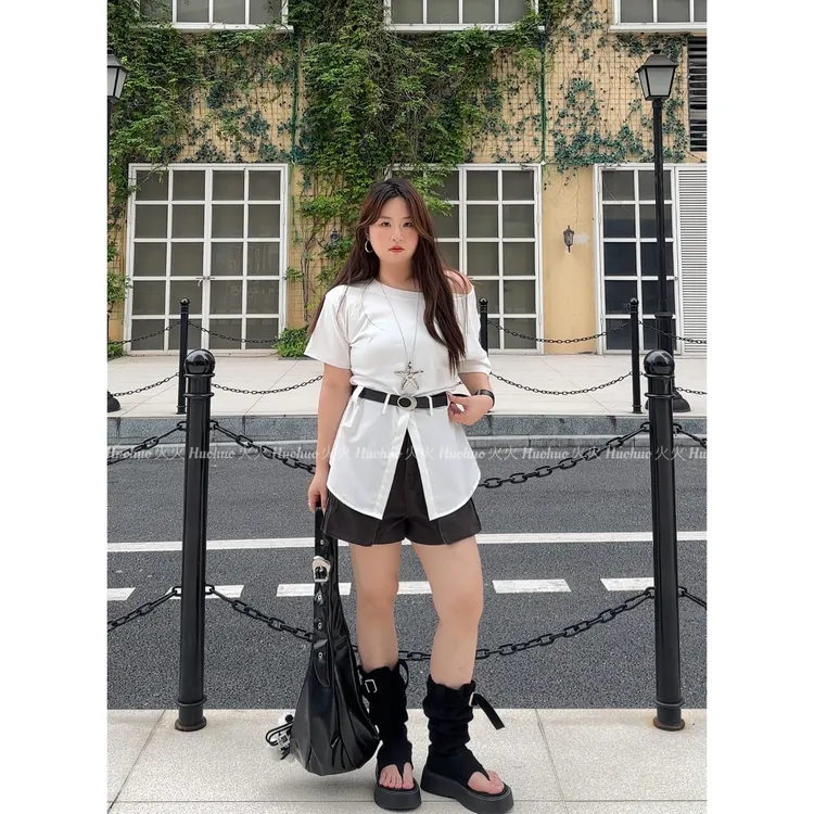 【现货】2025夏季新款韩版时尚休闲设计感洋气白色拼接腰带短袖T恤