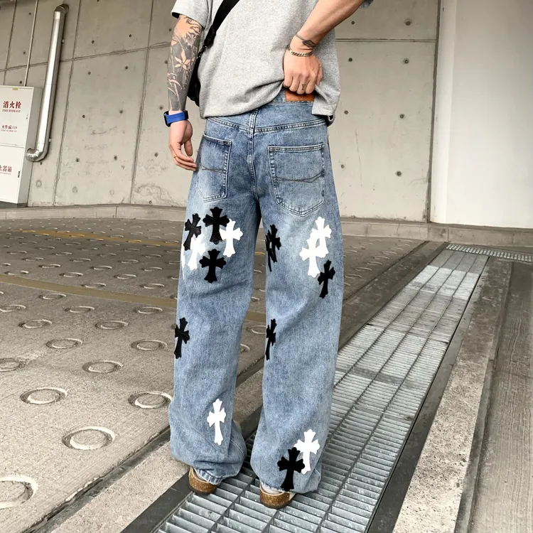 【大码男装260斤】  经典十字架贴皮设计感美式牛仔裤 高级感直筒裤