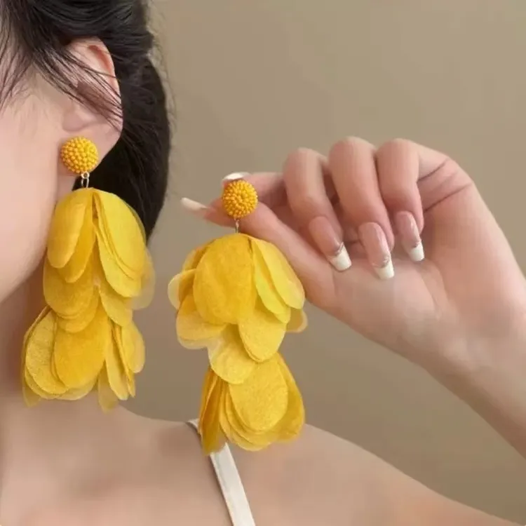 非金属布艺耳饰 夏季海边度假氛围黄色手工耳钉花瓣流苏耳环耳饰